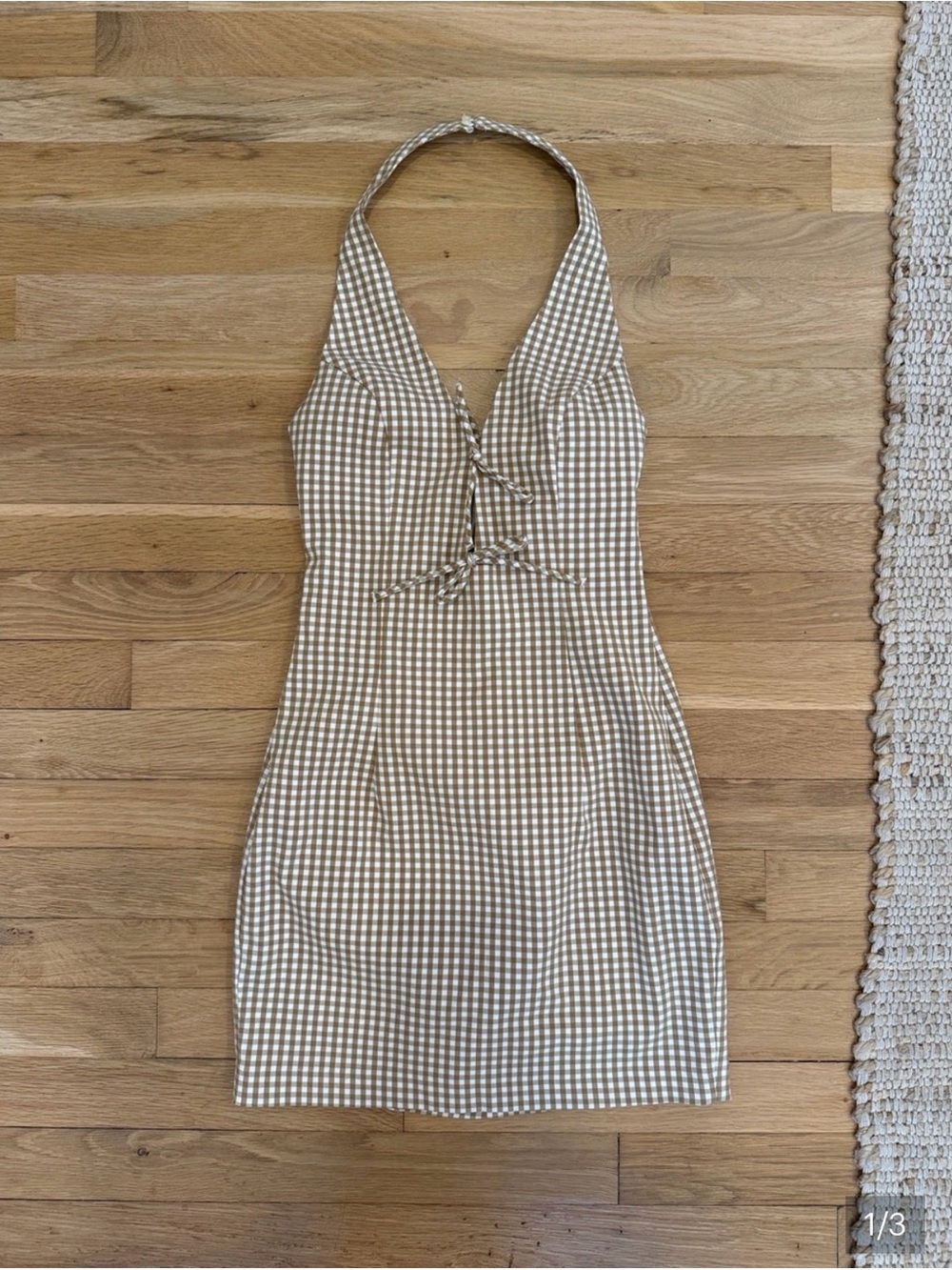 Zara Beige Gingham Halter Tie-Front Mini Dress